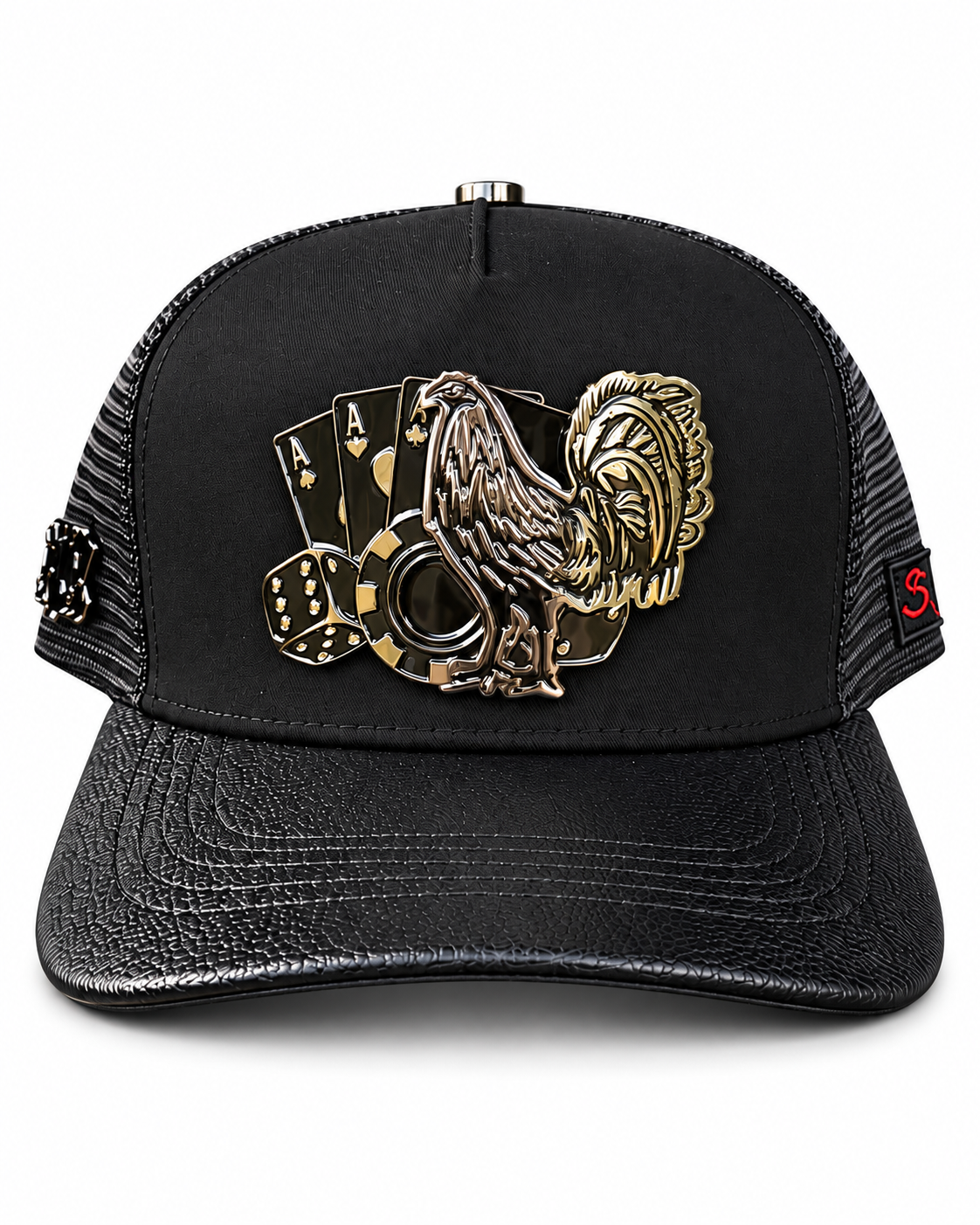 Men's Black Rooster Poker Trucker Cap