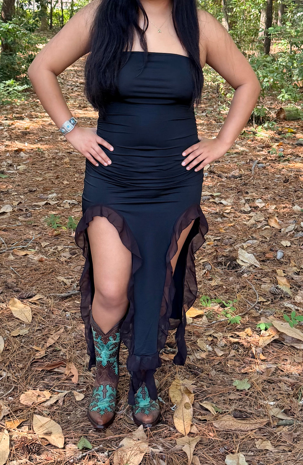 Midnight Charm Strapless Ruffle Midi Dress
