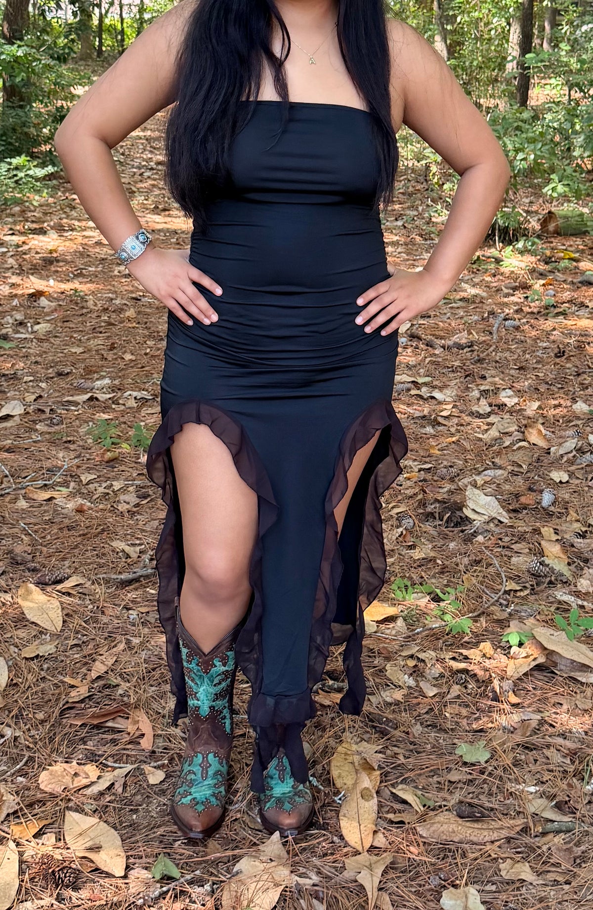 Midnight Charm Strapless Ruffle Midi Dress