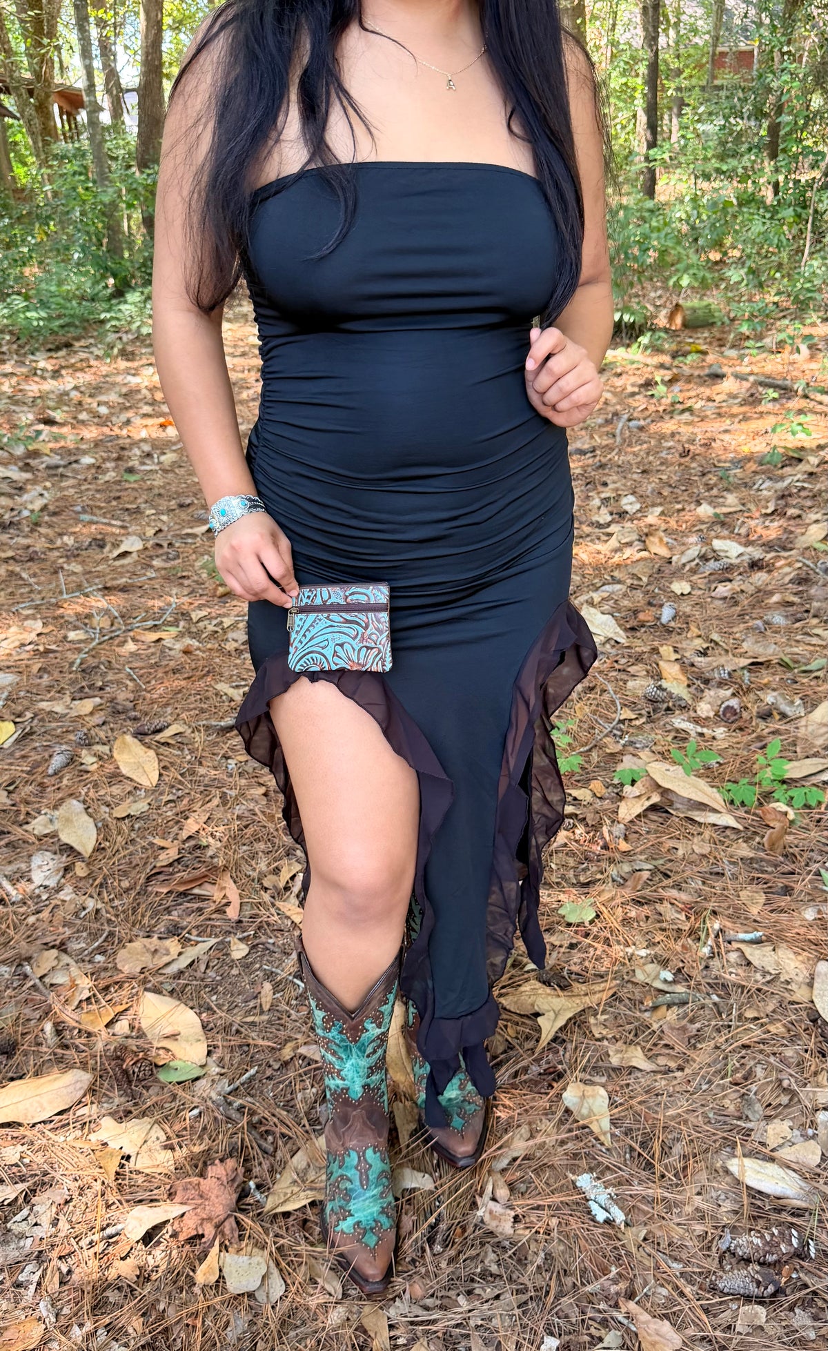 Midnight Charm Strapless Ruffle Midi Dress