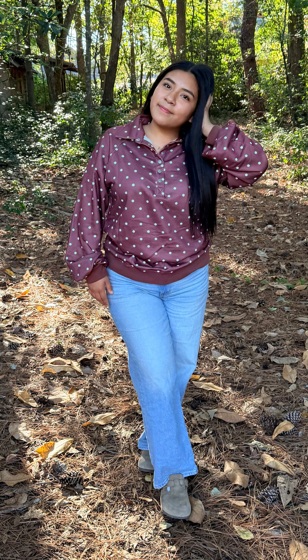 Women’s Chocolate Brown Polka Dot Collared Pullover Sweatshirt
