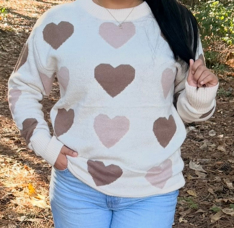 Sweetheart Heart Print Knit Sweater – Cream