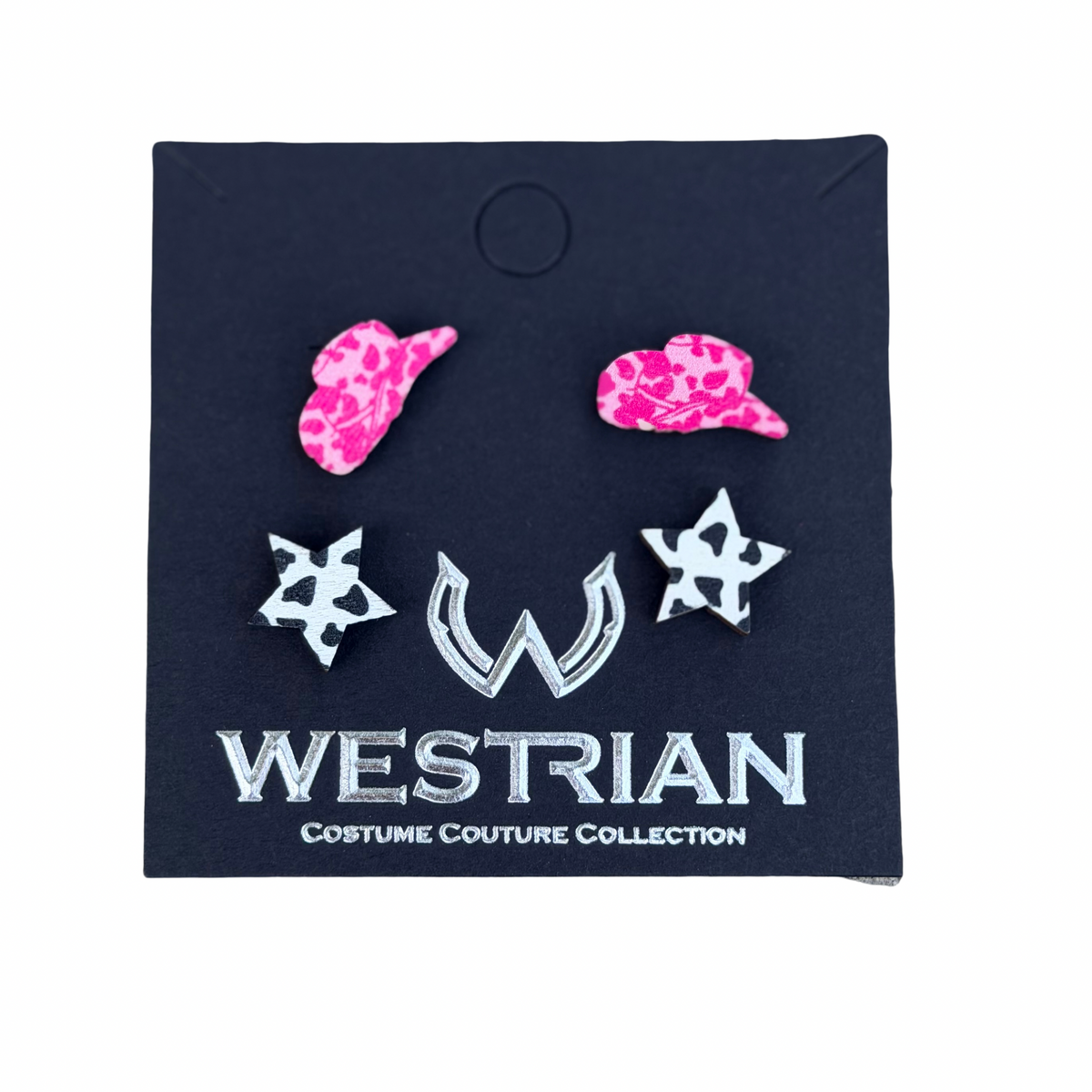 Pink Cowgirl Hat & Cow Print Star Western Stud Earrings Set