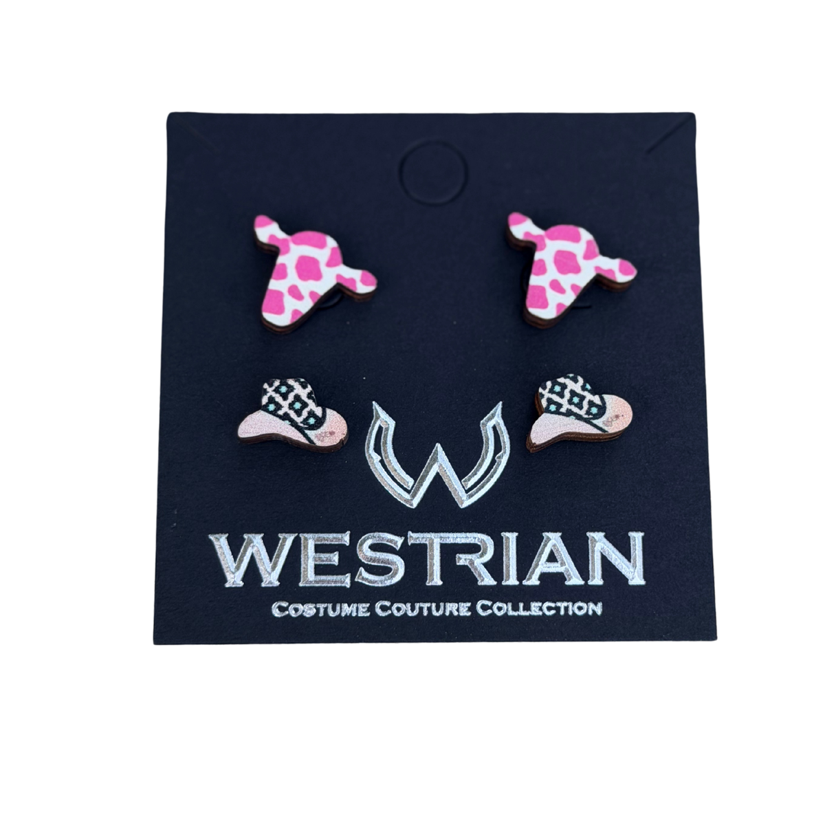 Pink Cow Print & Cowgirl Hat Western Stud Earrings